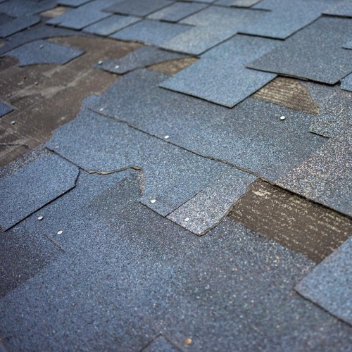 close-up of damaged roofing shingles